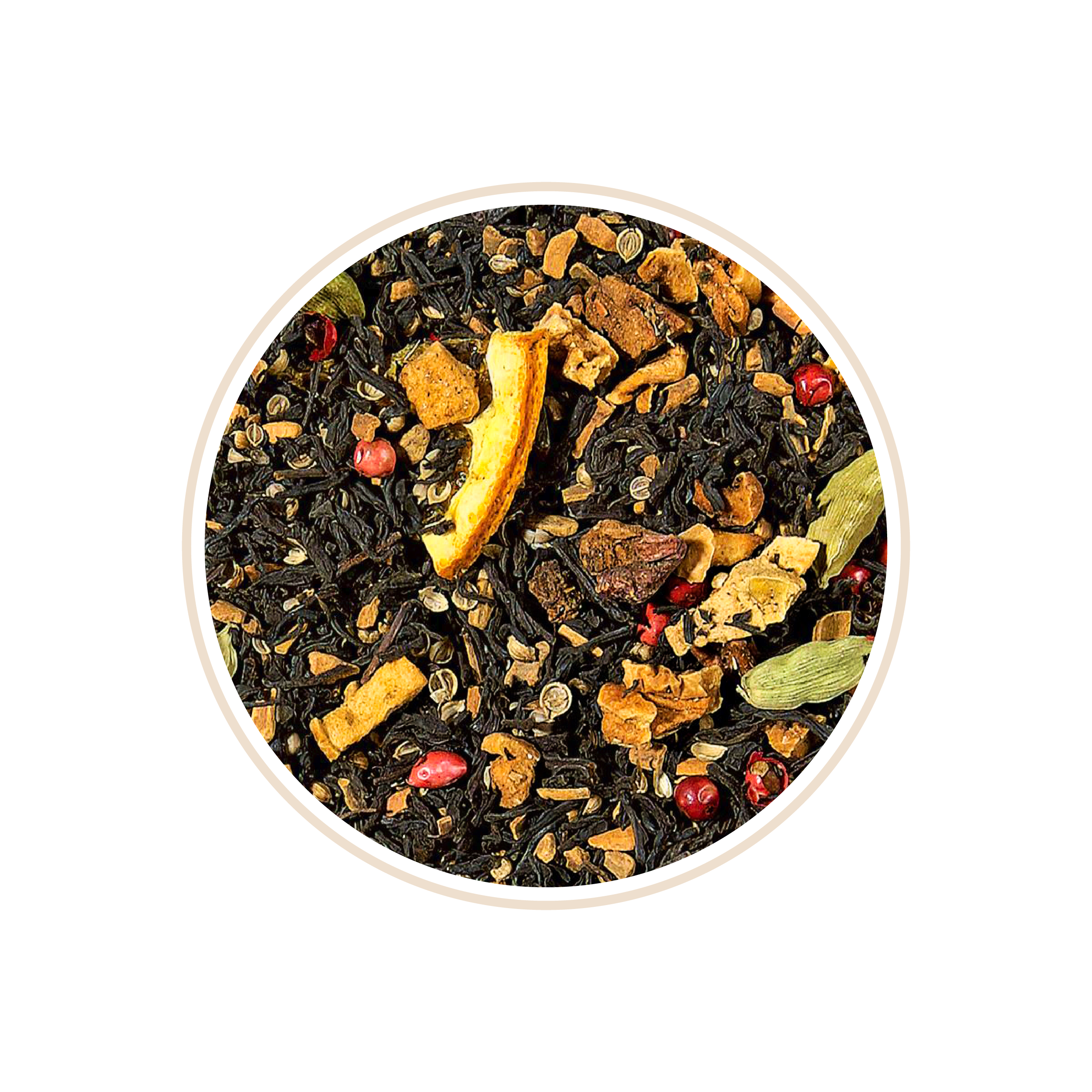 Black tea with orange peel, spices, and small red berries.