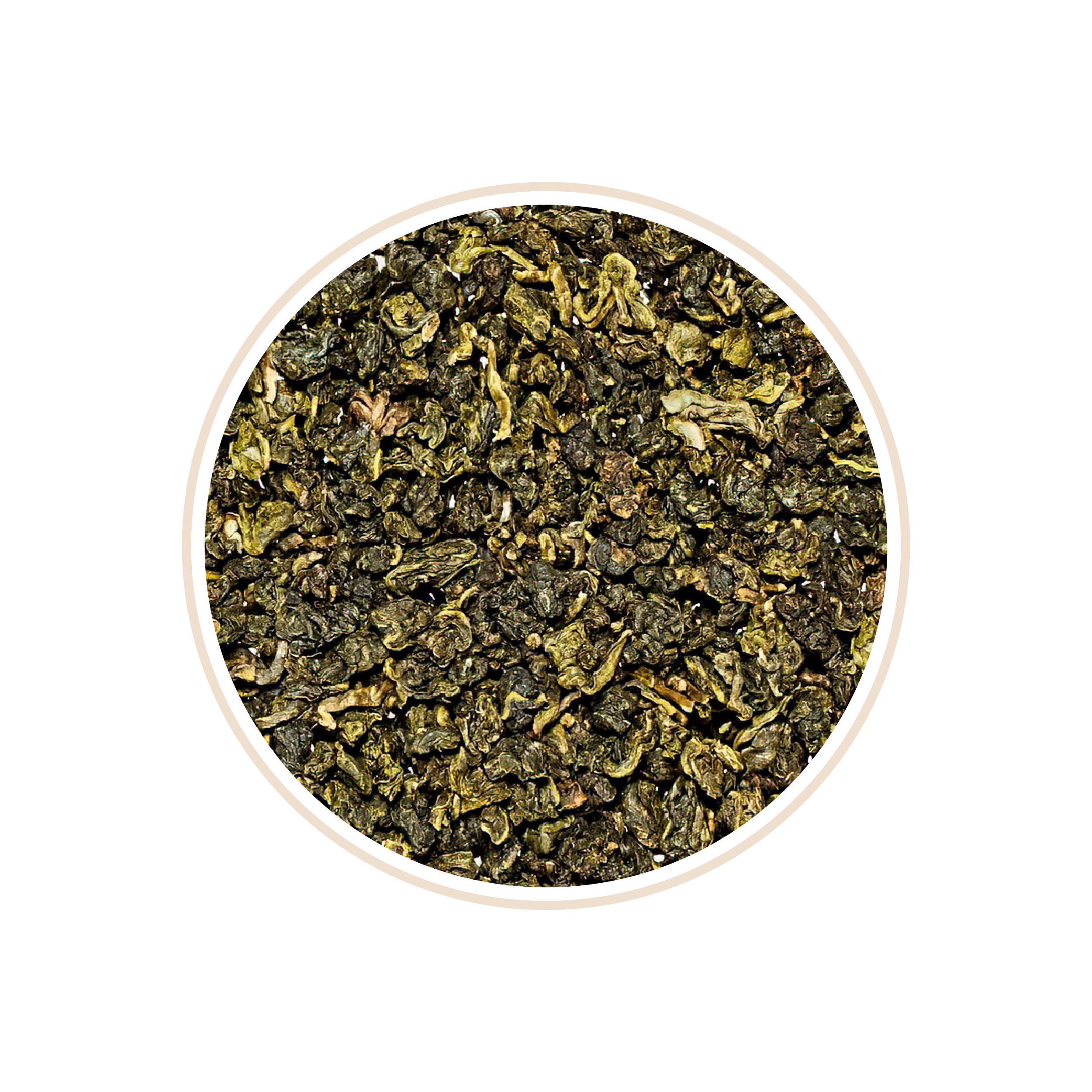 Small round green tea leaves with a textured surface.