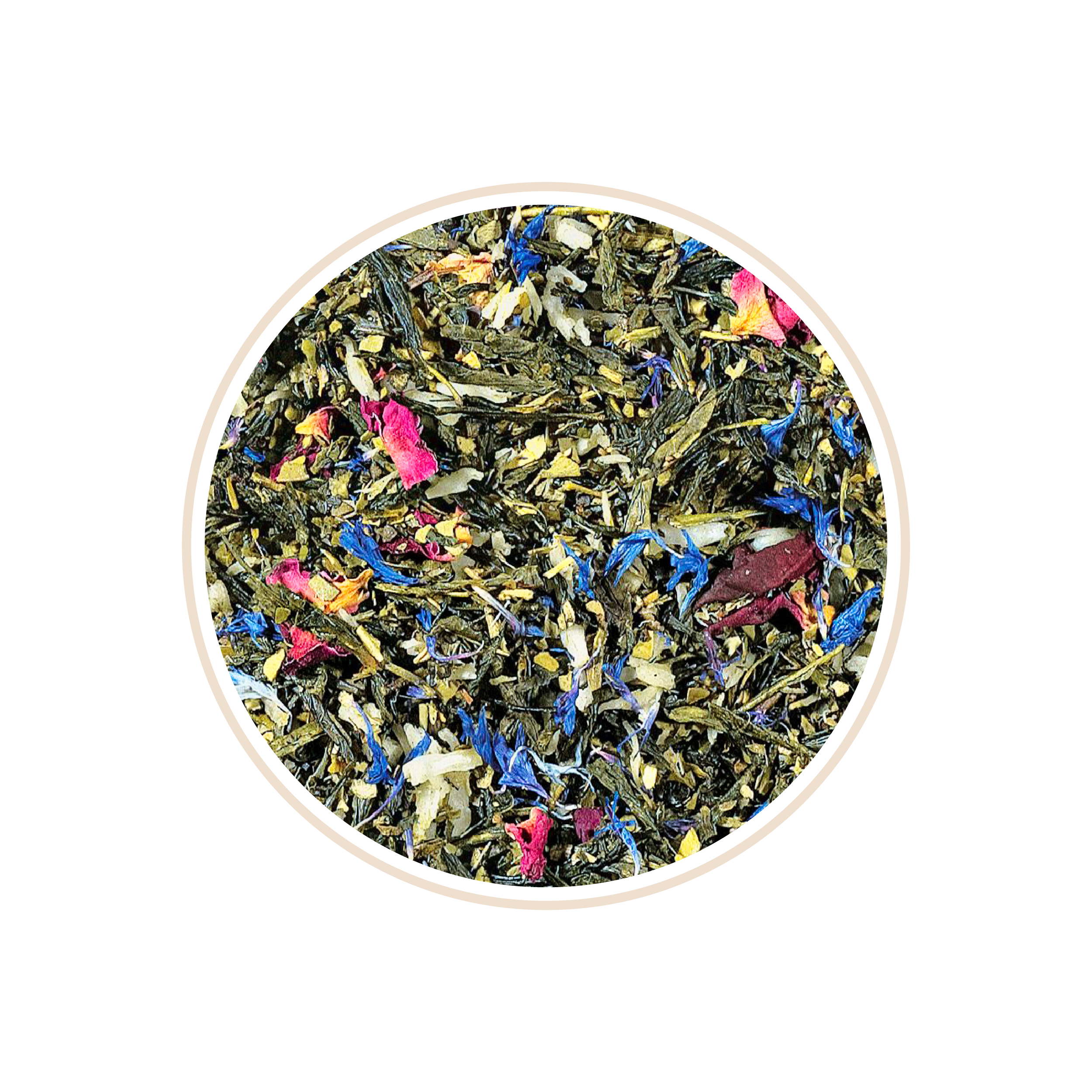 Mixed green tea leaves with colorful flower petals.