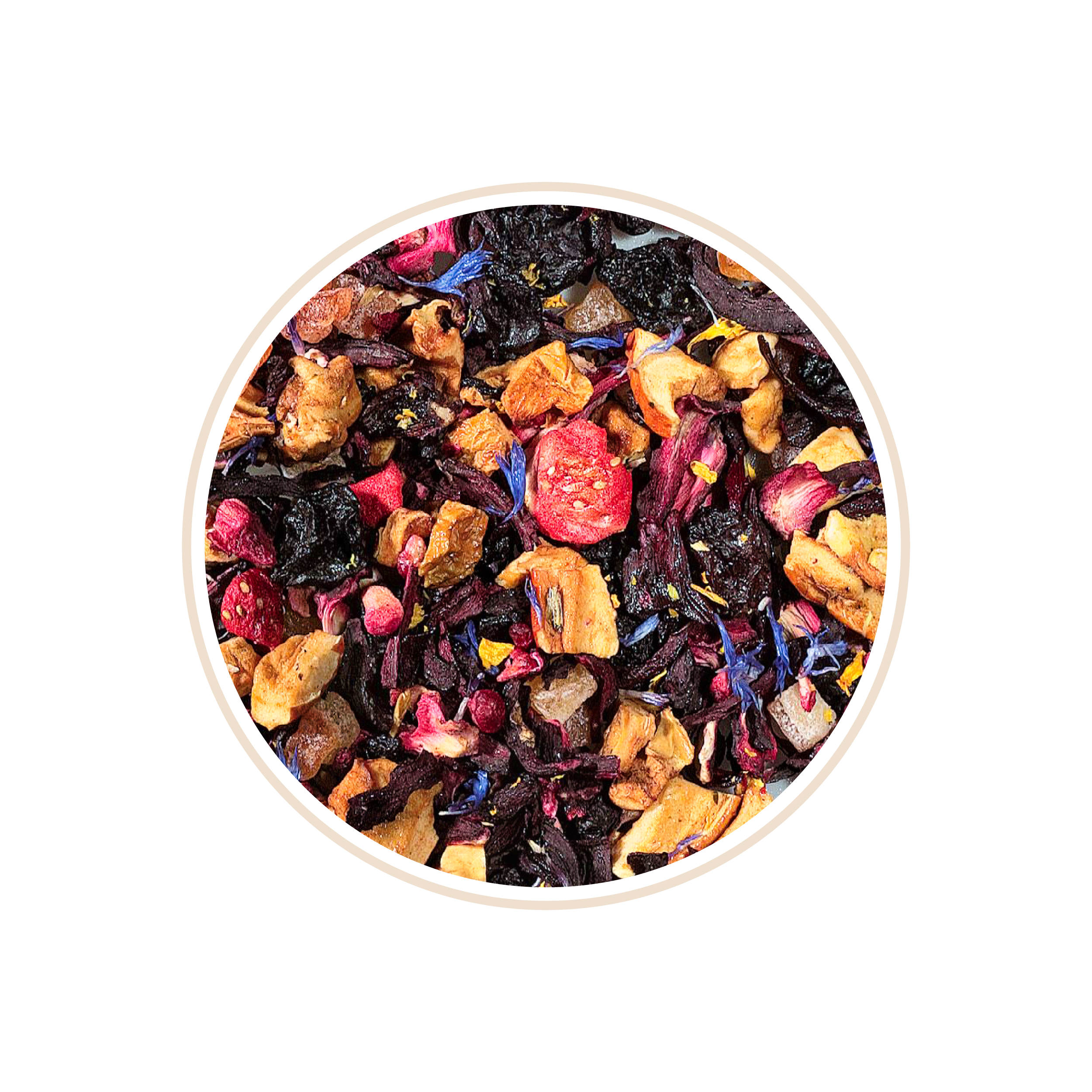 Dried fruits, flowers, and dark leaves in a round bowl.
