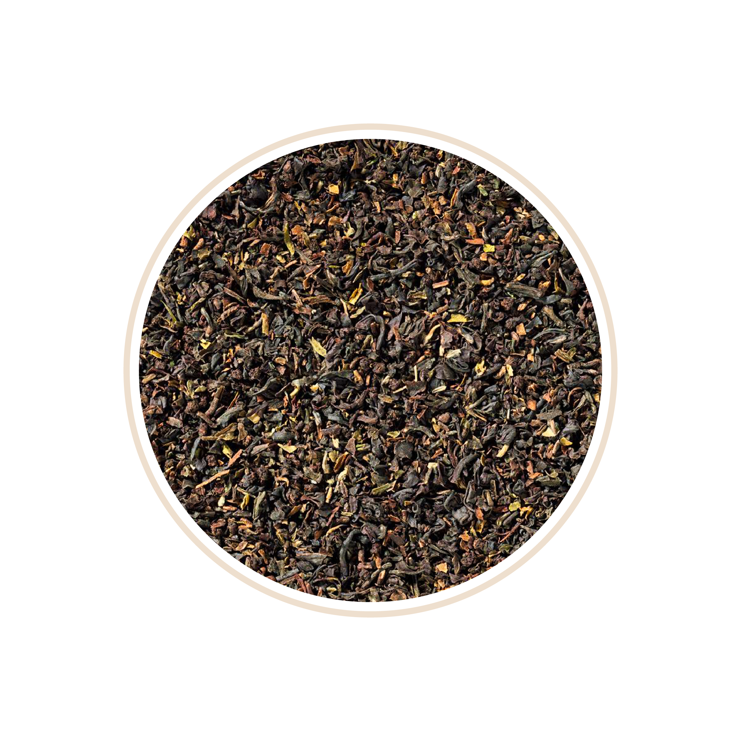 Dark mixed tea leaves with a small amount of stems in a bowl.