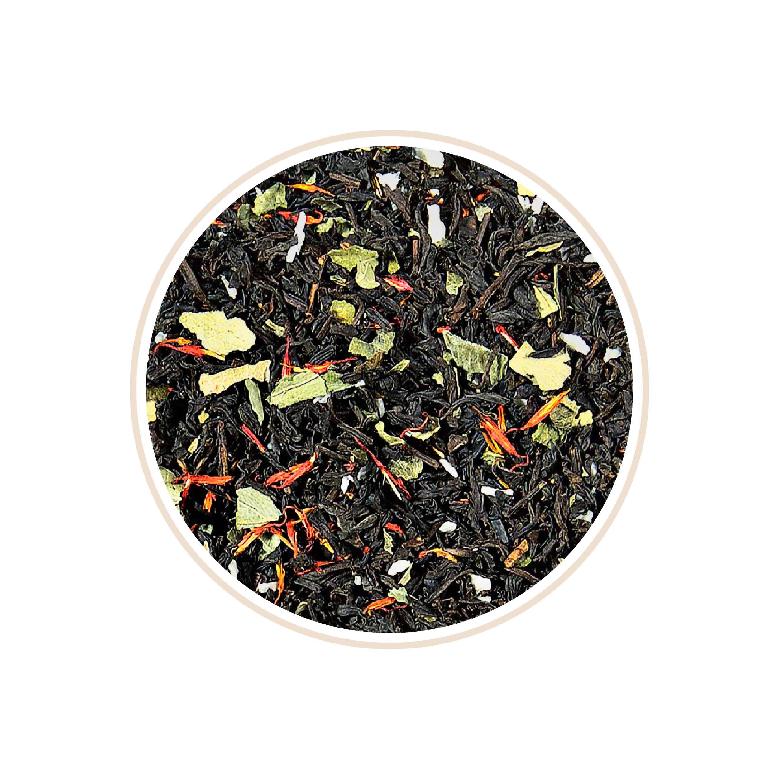 Dark tea leaves mixed with red and green floral pieces.