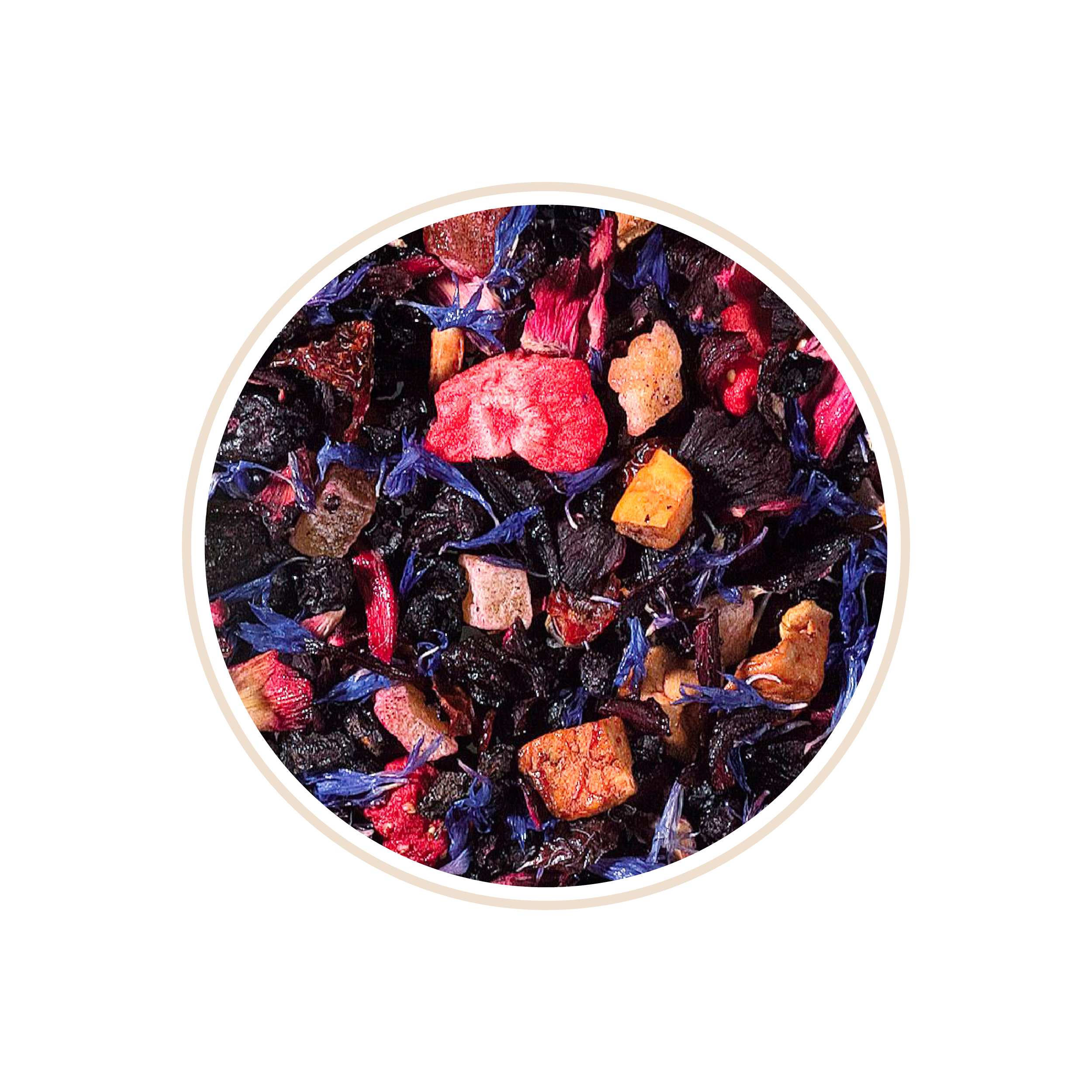 Black tea blend with vibrant red and blue petals.