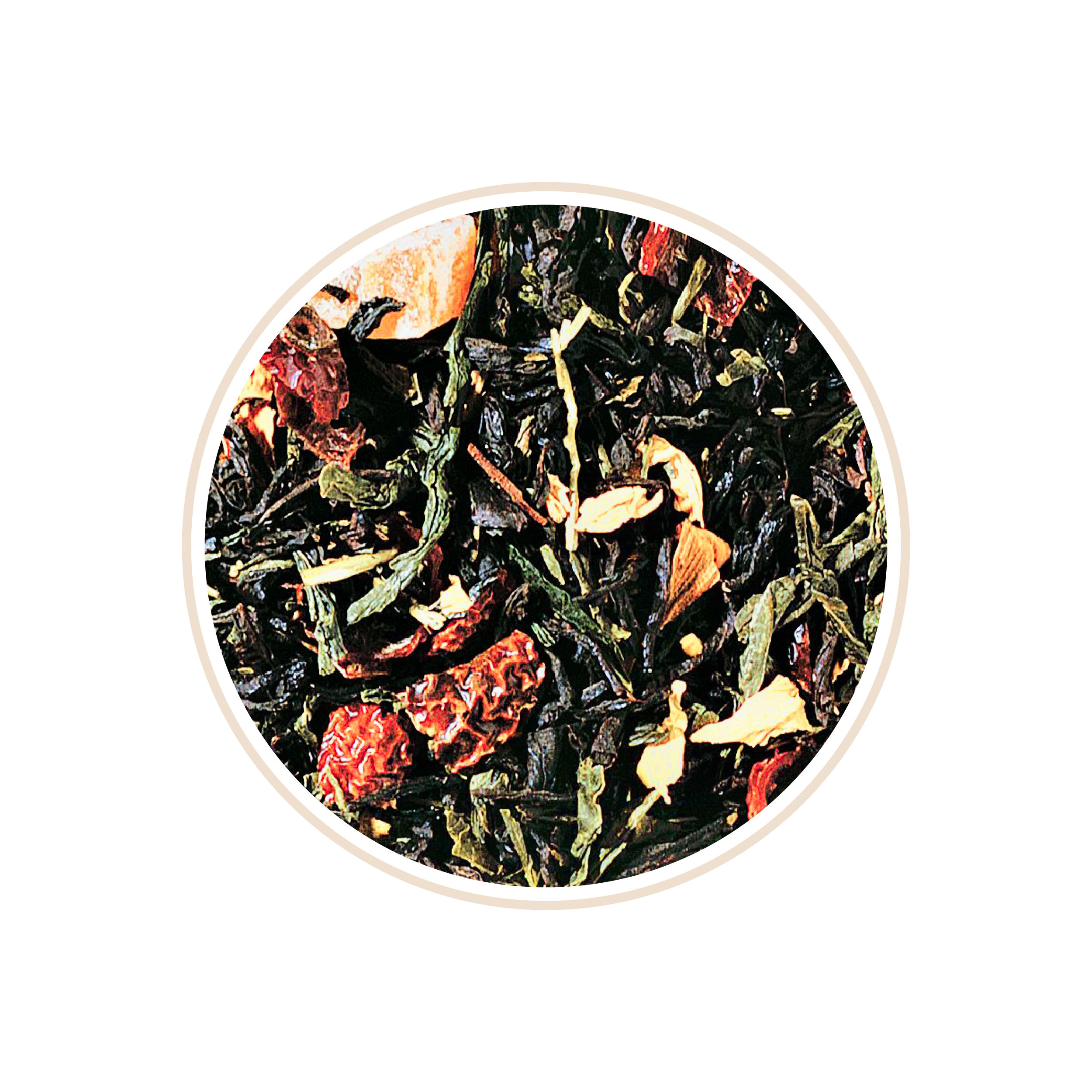 Green tea leaves mixed with red fruit pieces in a round bowl.
