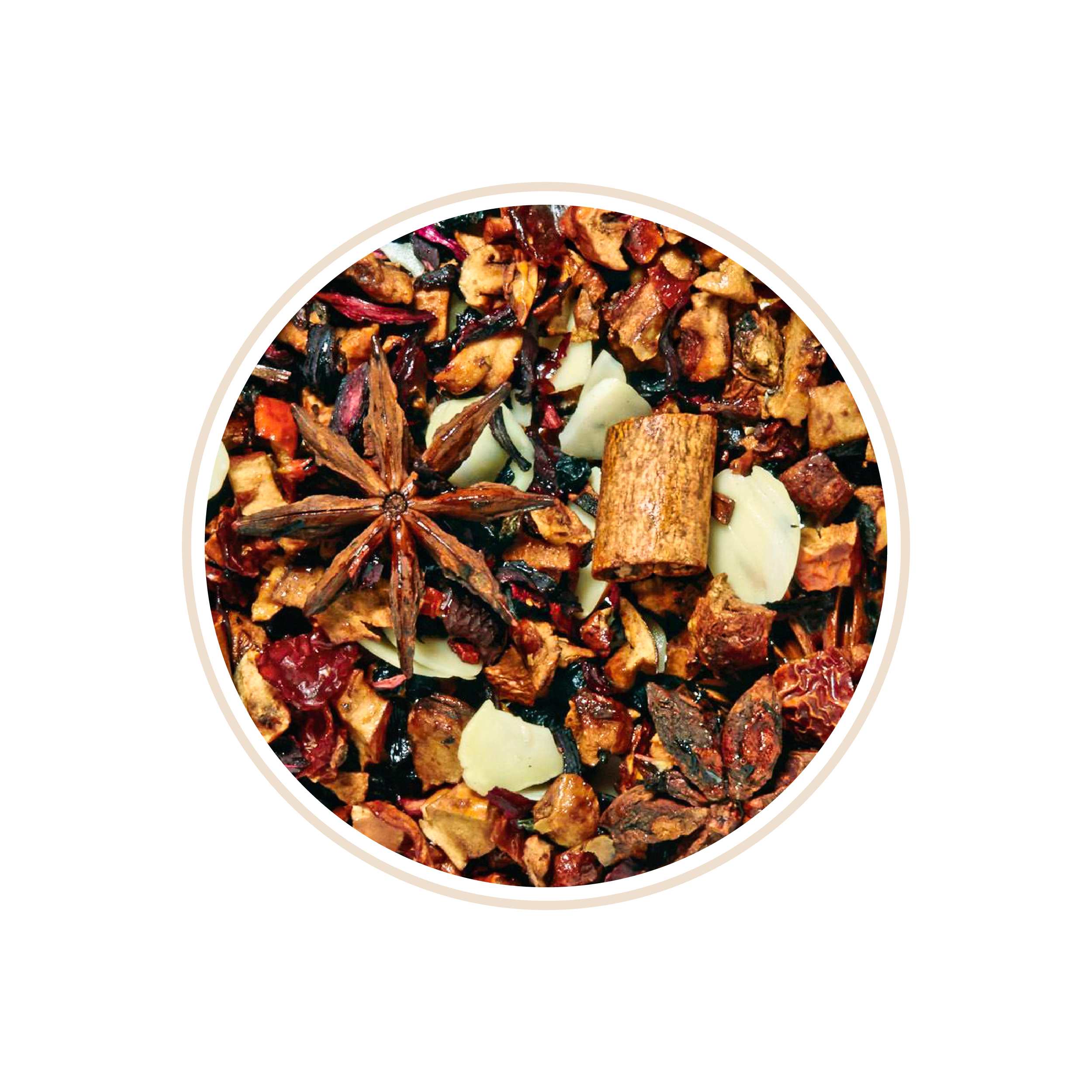 Blend of dried fruits, cinnamon stick, and star anise pieces.
