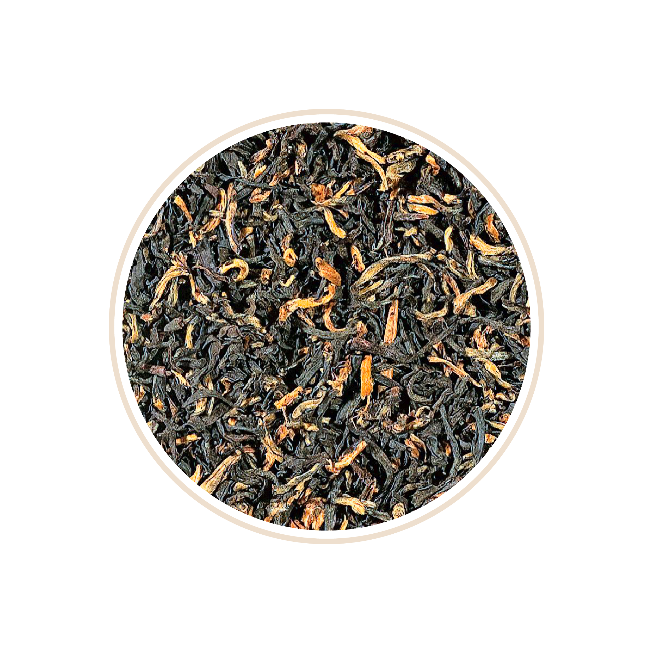 Dark tea leaves with scattered golden tips.