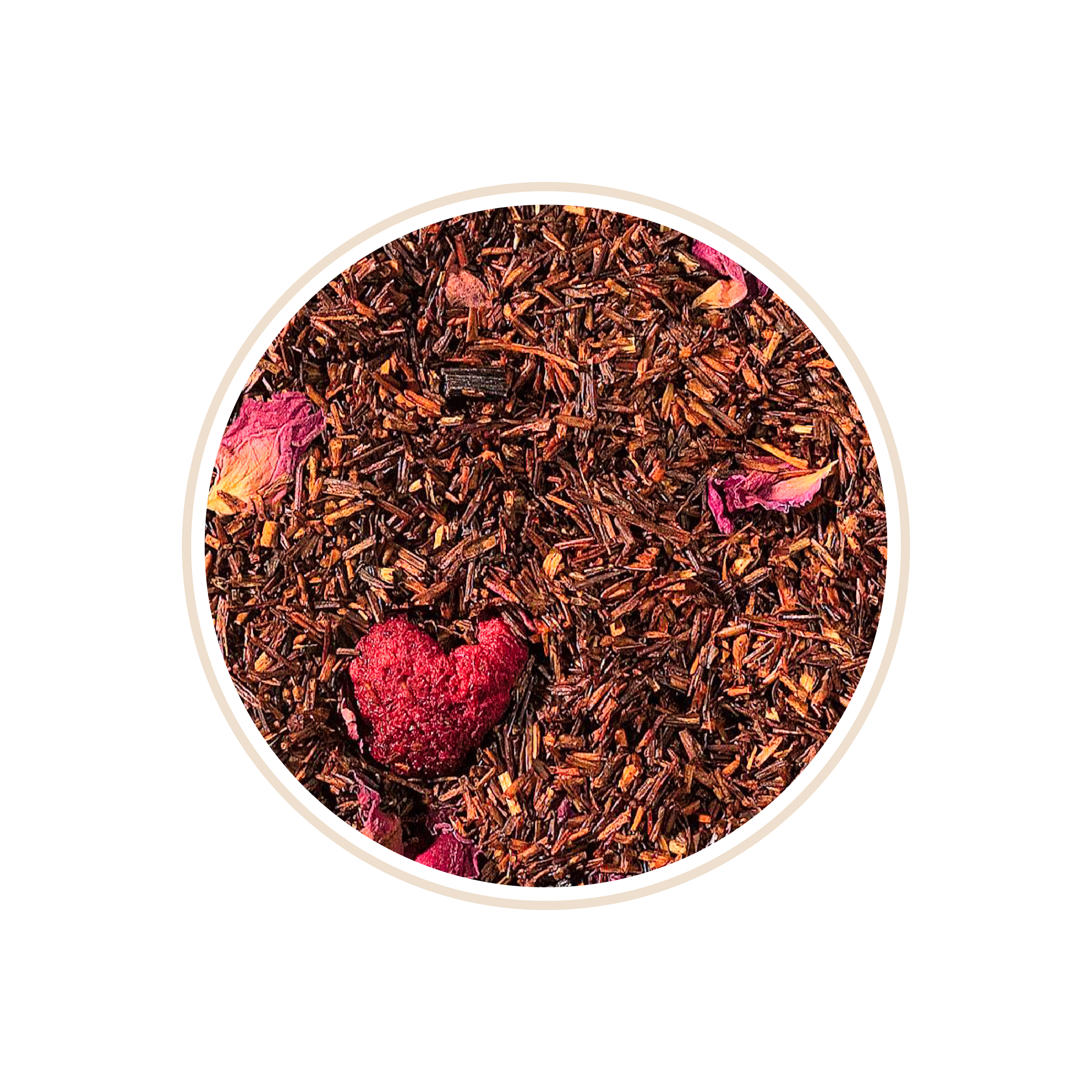 Reddish-brown tea leaves with pink petals and a small red heart shape.