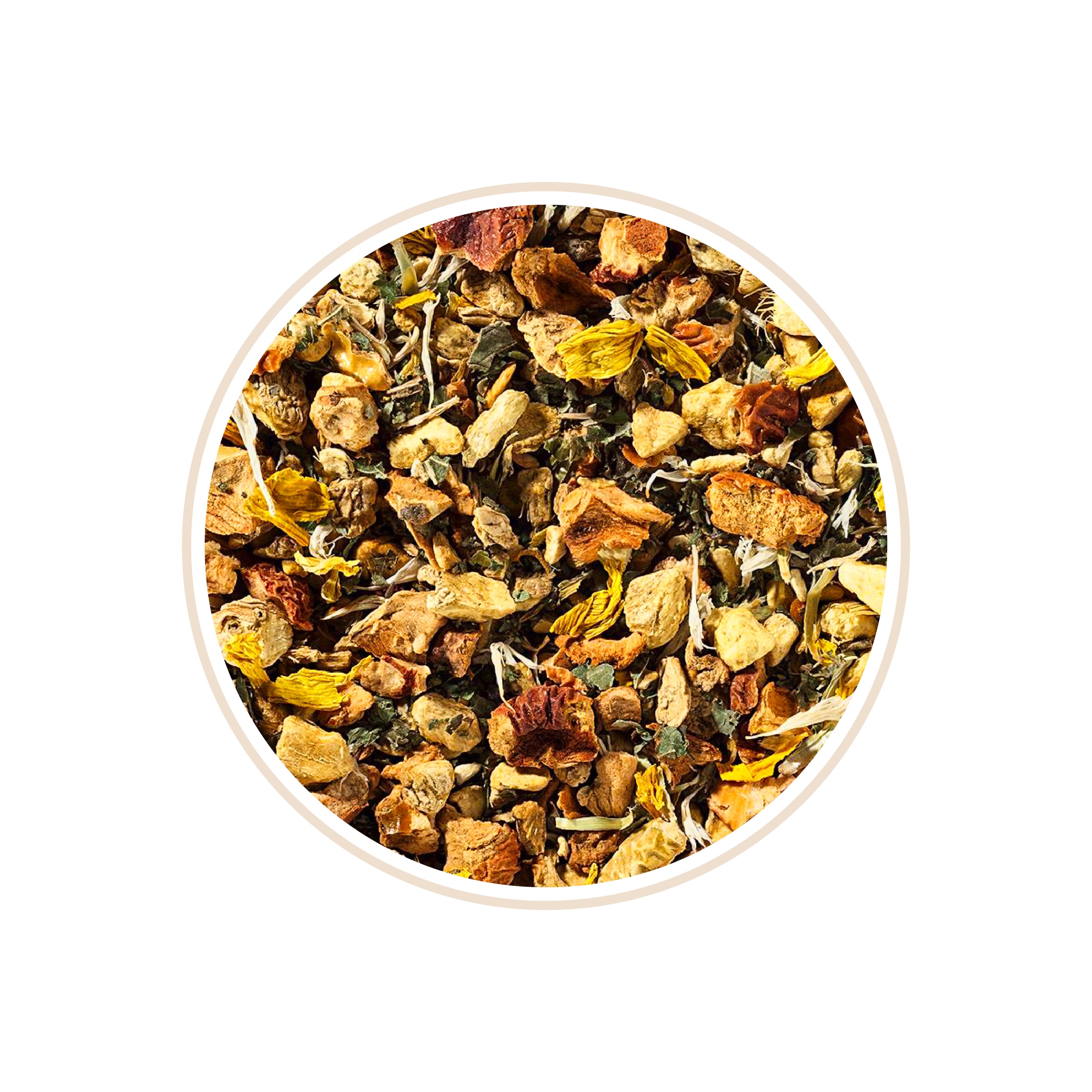 Mixed herbal tea with apple pieces, flowers, and green leaves.