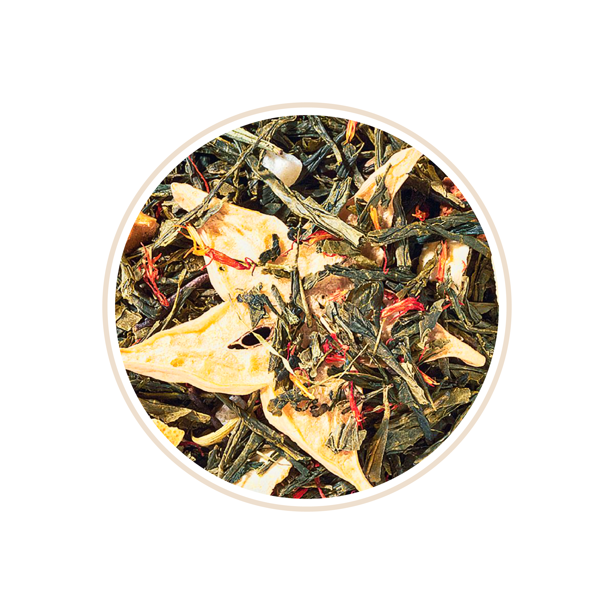 Herbal blend with green leaves, citrus peels, and small red petals.