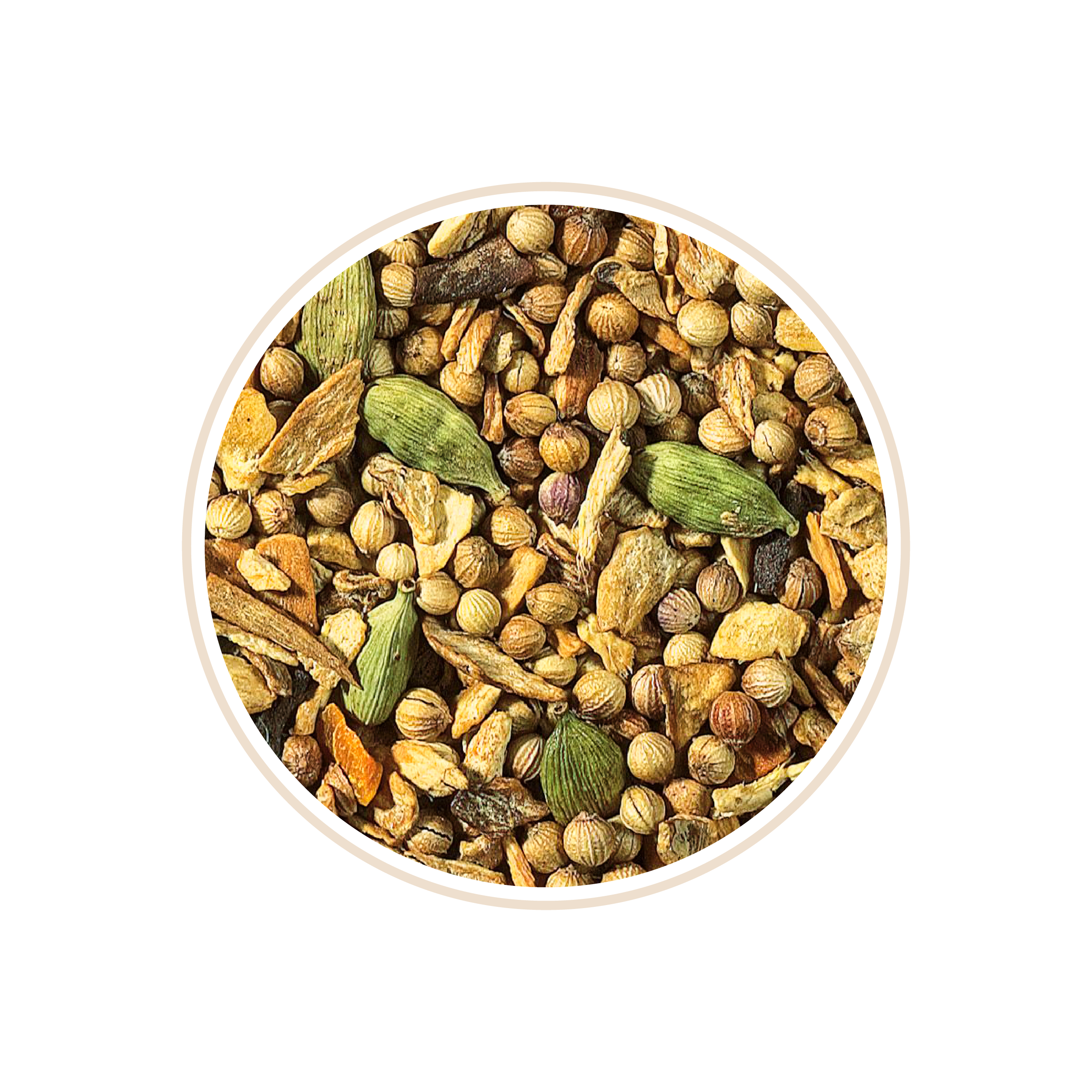 Spice blend with green cardamom pods and whole coriander seeds.
