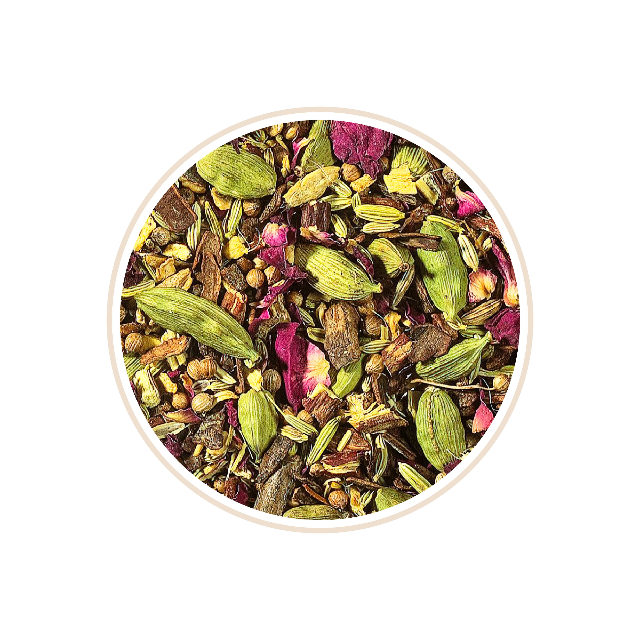Blended tea leaves with green cardamom pods and pink petals.