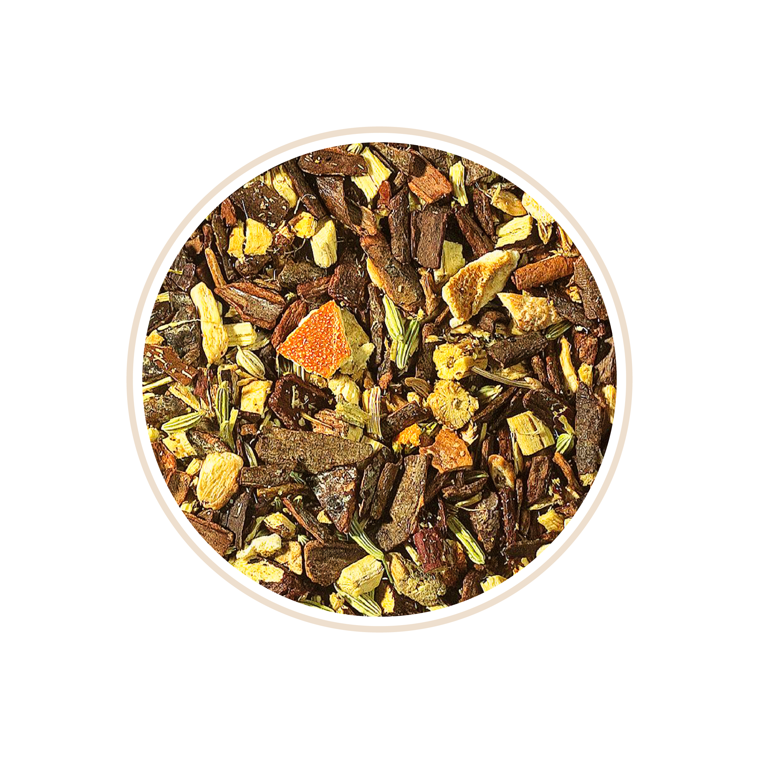 Mixture of assorted tea leaves with orange and brown spices.