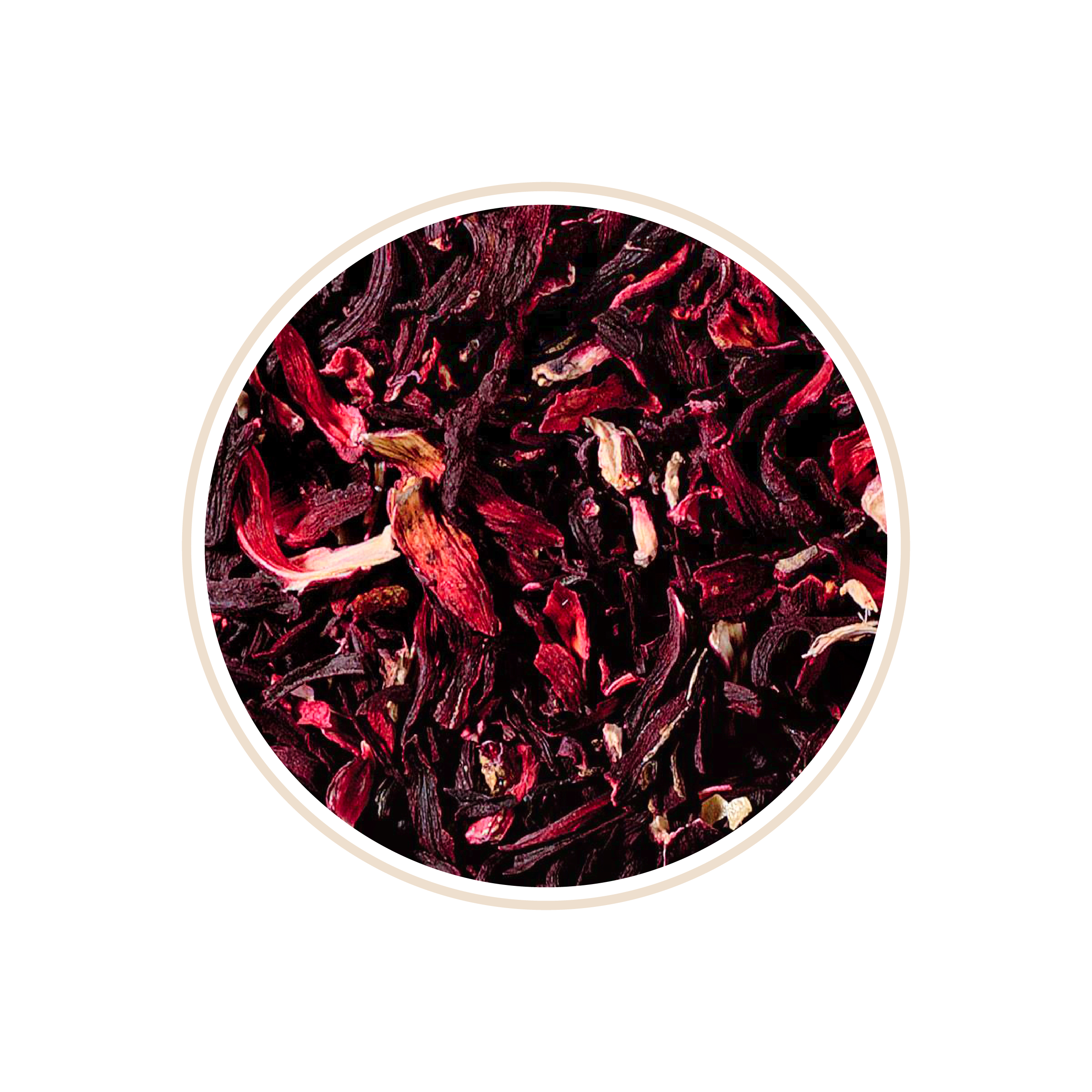 Dark red hibiscus petals densely packed in a circular container.