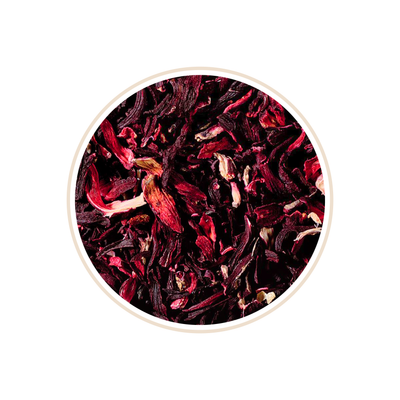 Dark red hibiscus petals densely packed in a circular container.