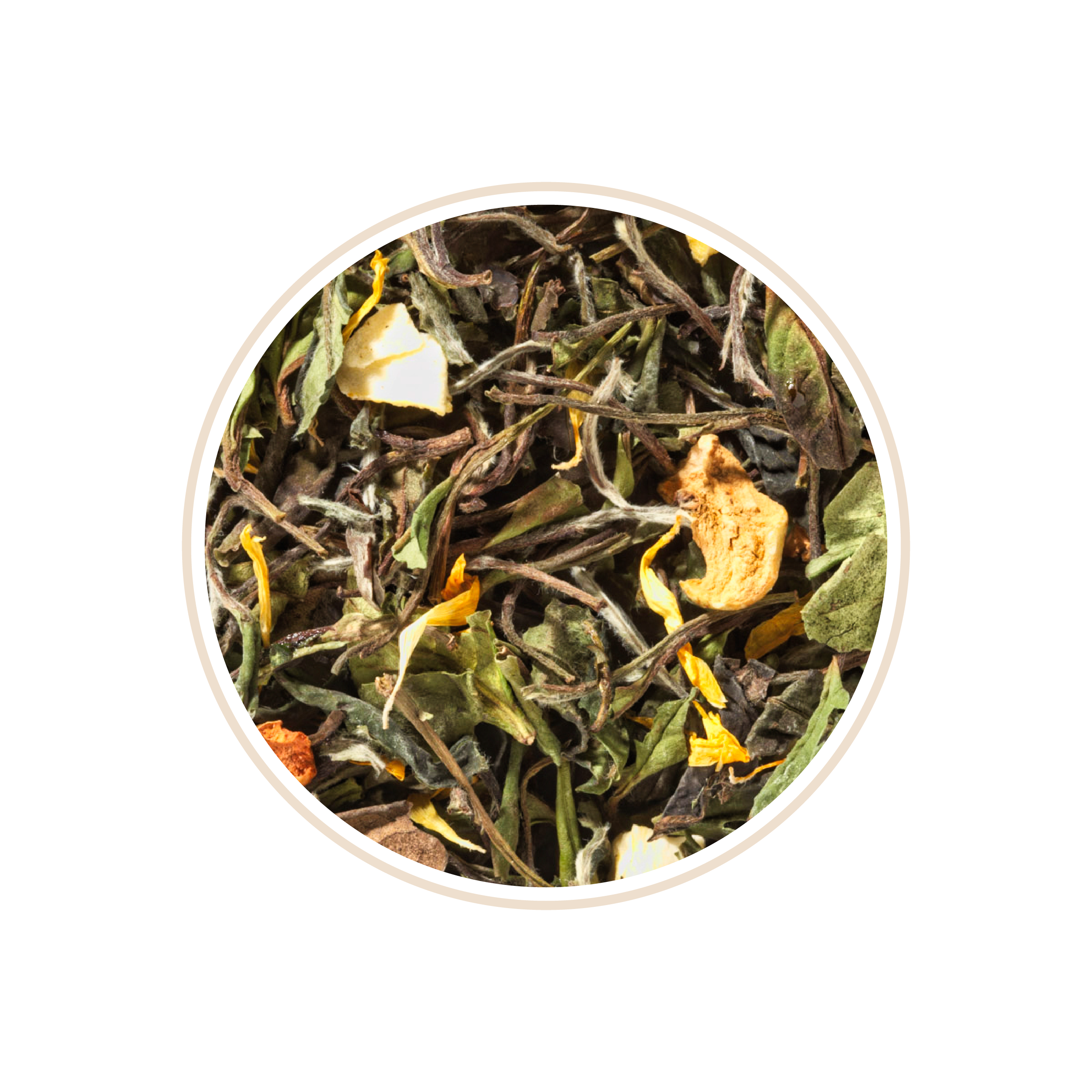 White tea leaves mixed with yellow flower petals and fruit pieces.