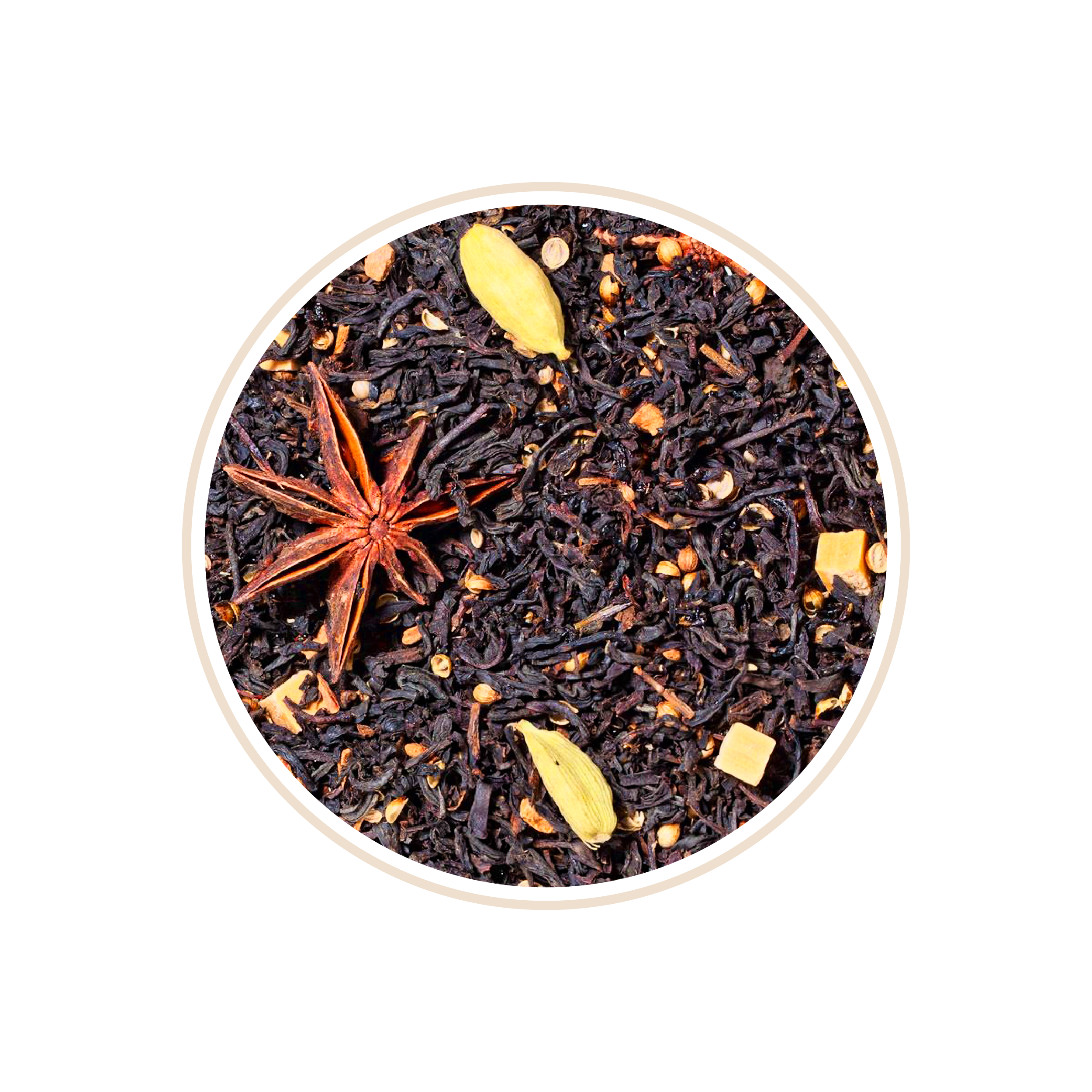 Black tea with star anise and cardamom pods.