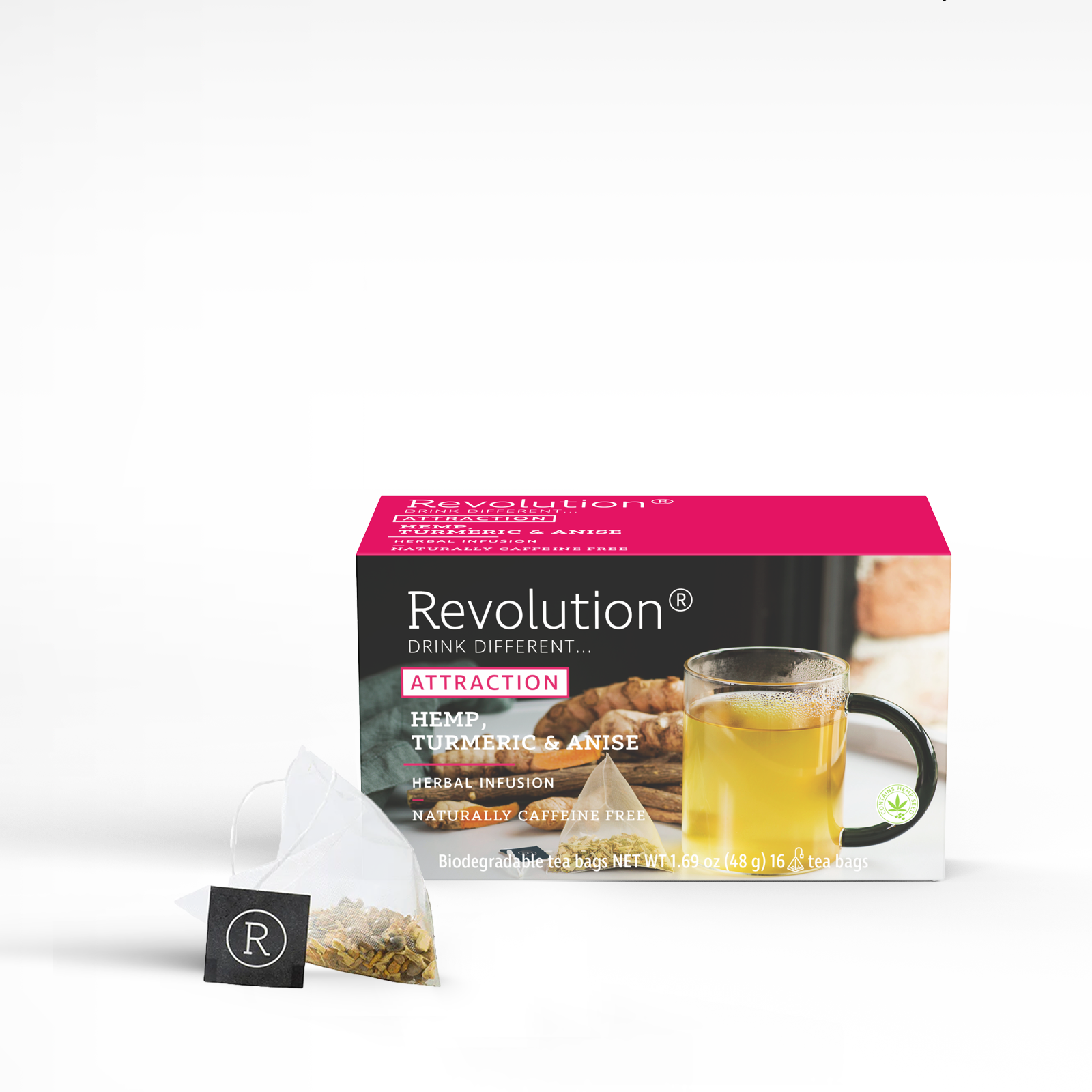 Attraction tea box with hemp, turmeric, and anise blend alongside a clear cup of tea.