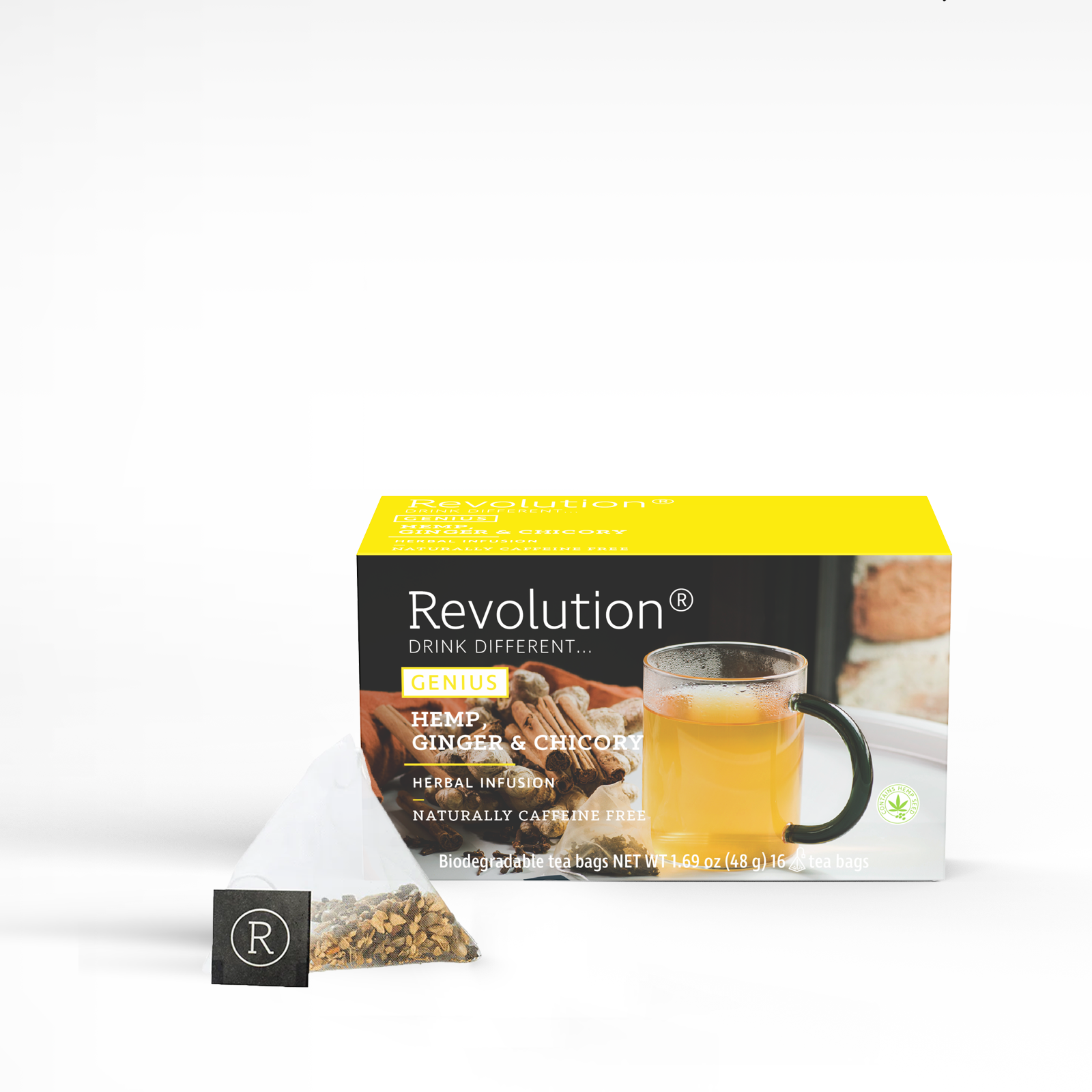 Genius tea box with hemp, ginger, and chicory blend alongside a clear cup of tea.