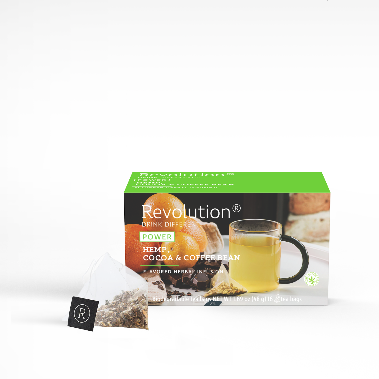 Power tea box with hemp, cocoa, and coffee bean blend alongside a clear cup of tea.