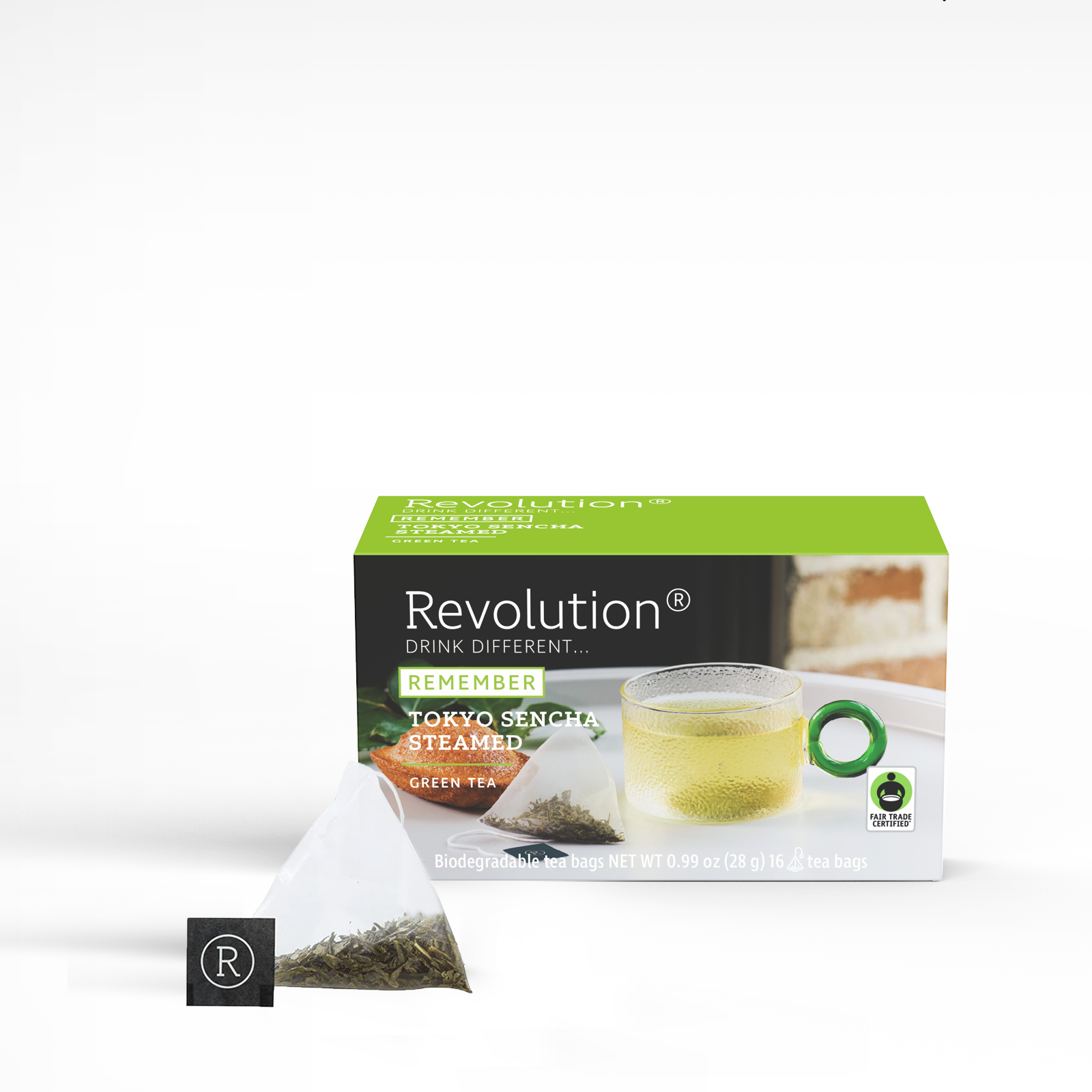 Sencha green tea box, glass cup, open tea bag with label.