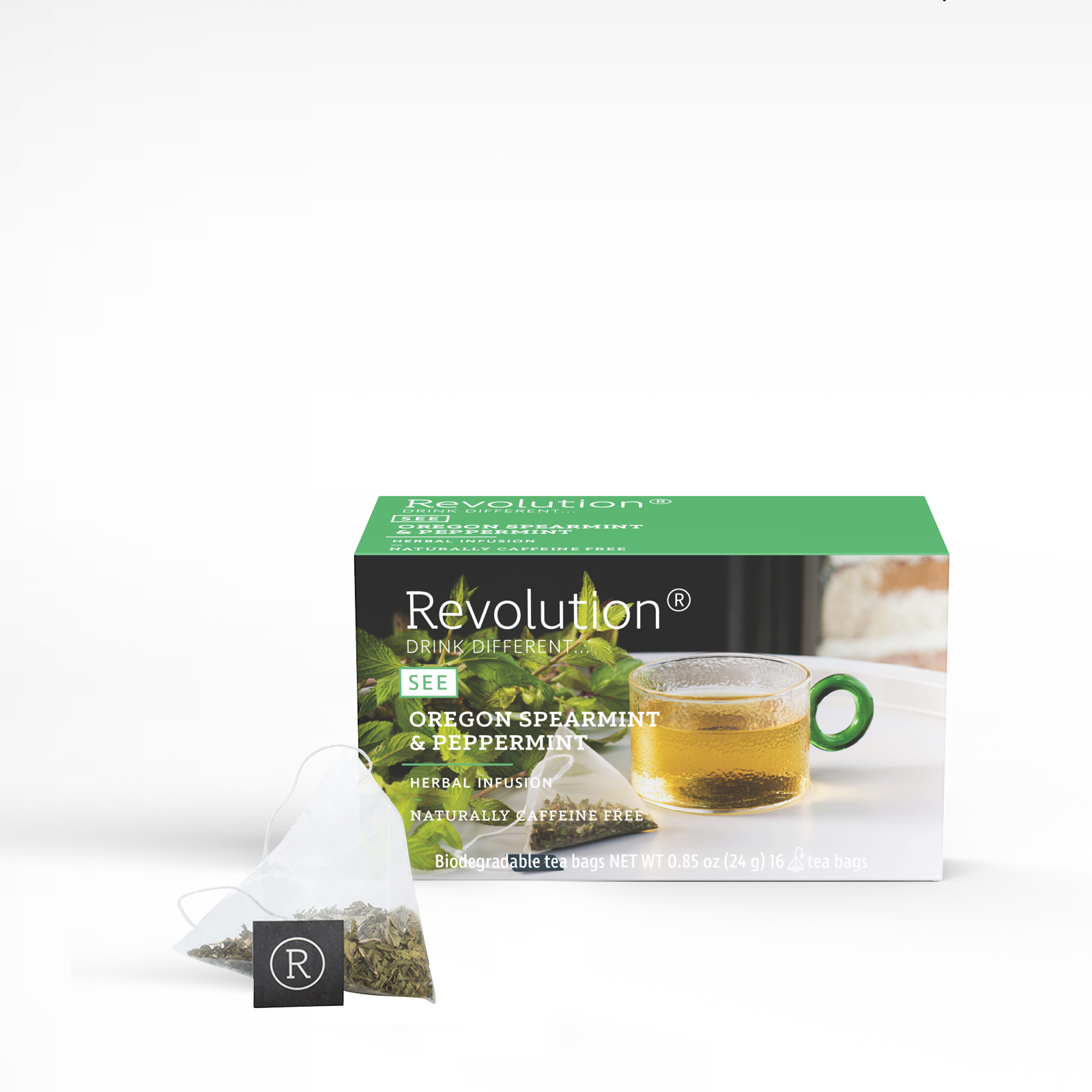 See tea box with Oregon spearmint and peppermint blend alongside a clear cup of tea.