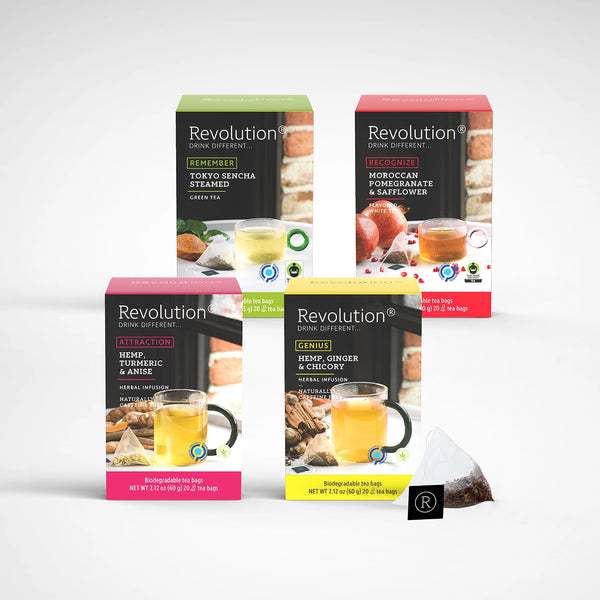 Four tea boxes with glass cup graphics and a transparent tea bag.