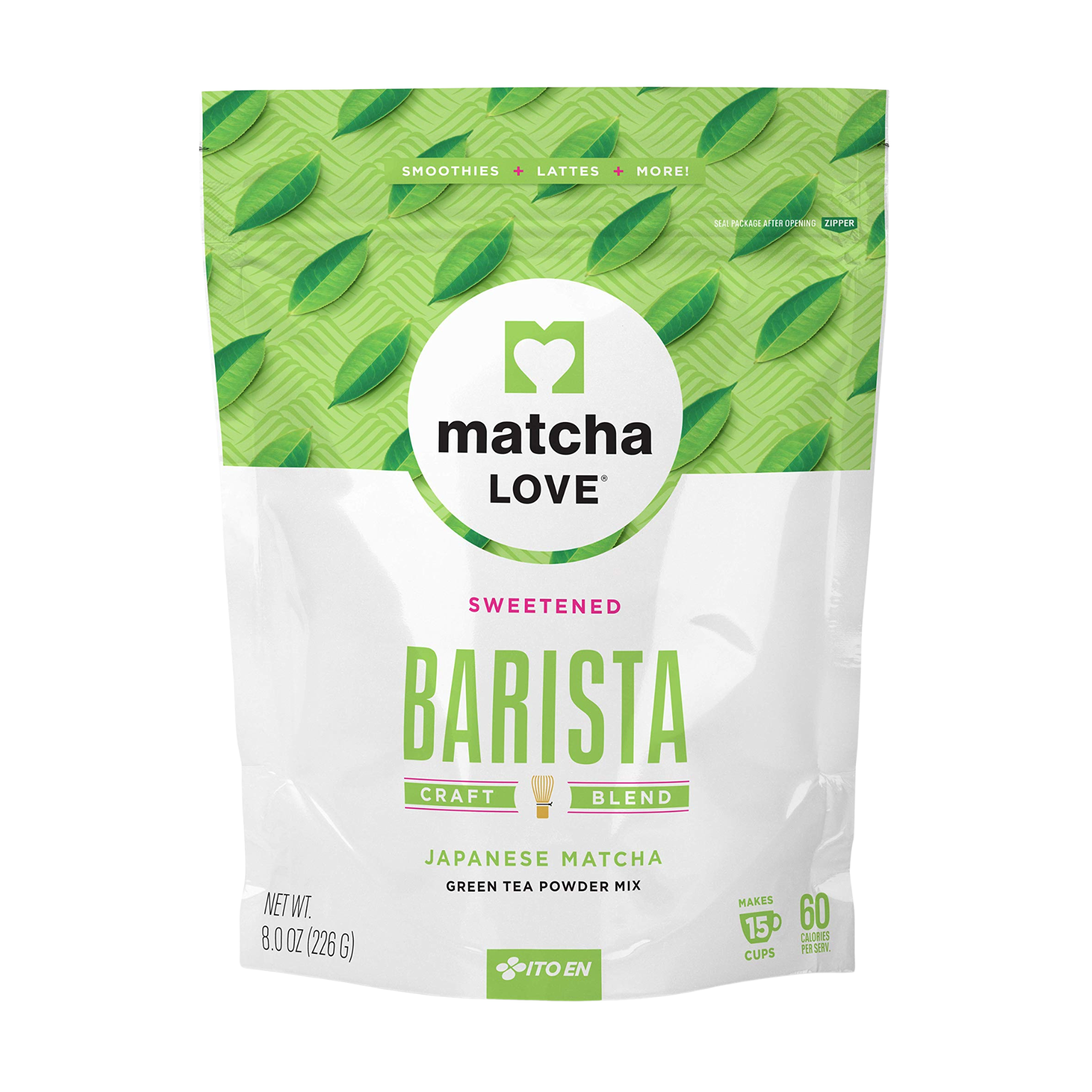 Green and white bag of sweetened matcha barista craft blend, makes 15 cups.