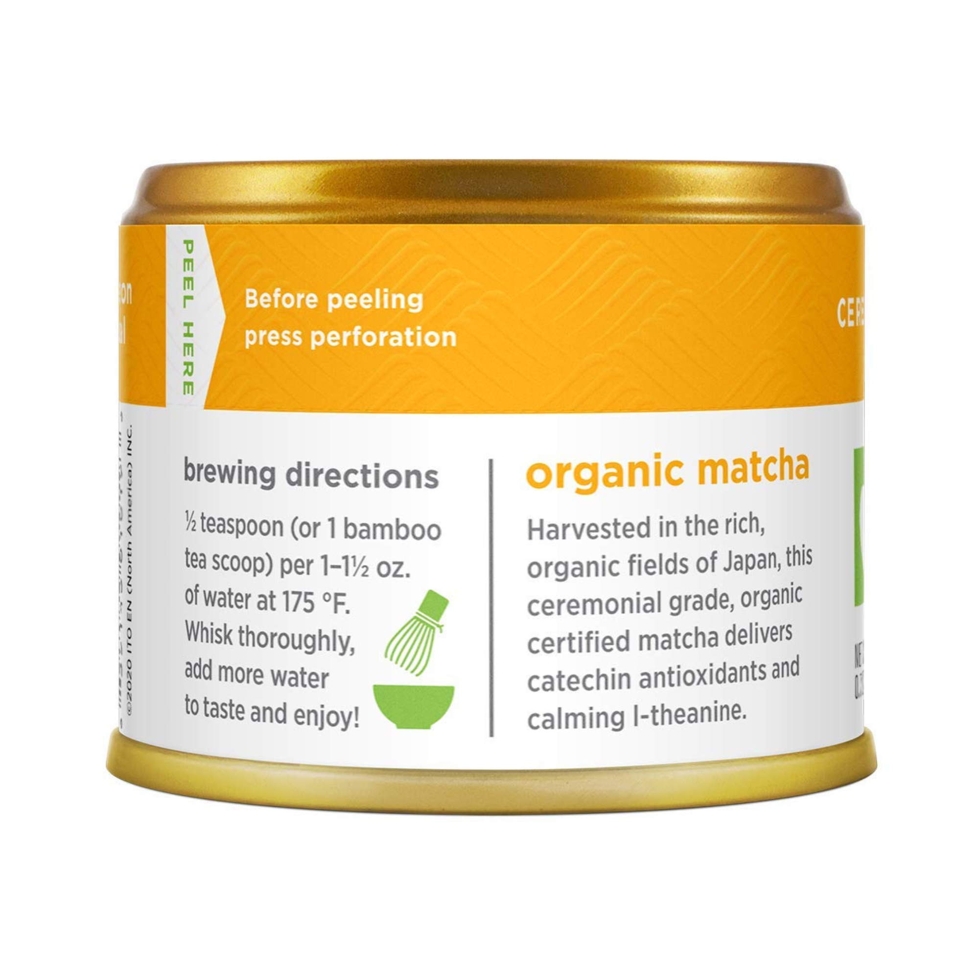 Side of matcha tin with brewing directions and description of organic matcha origins.