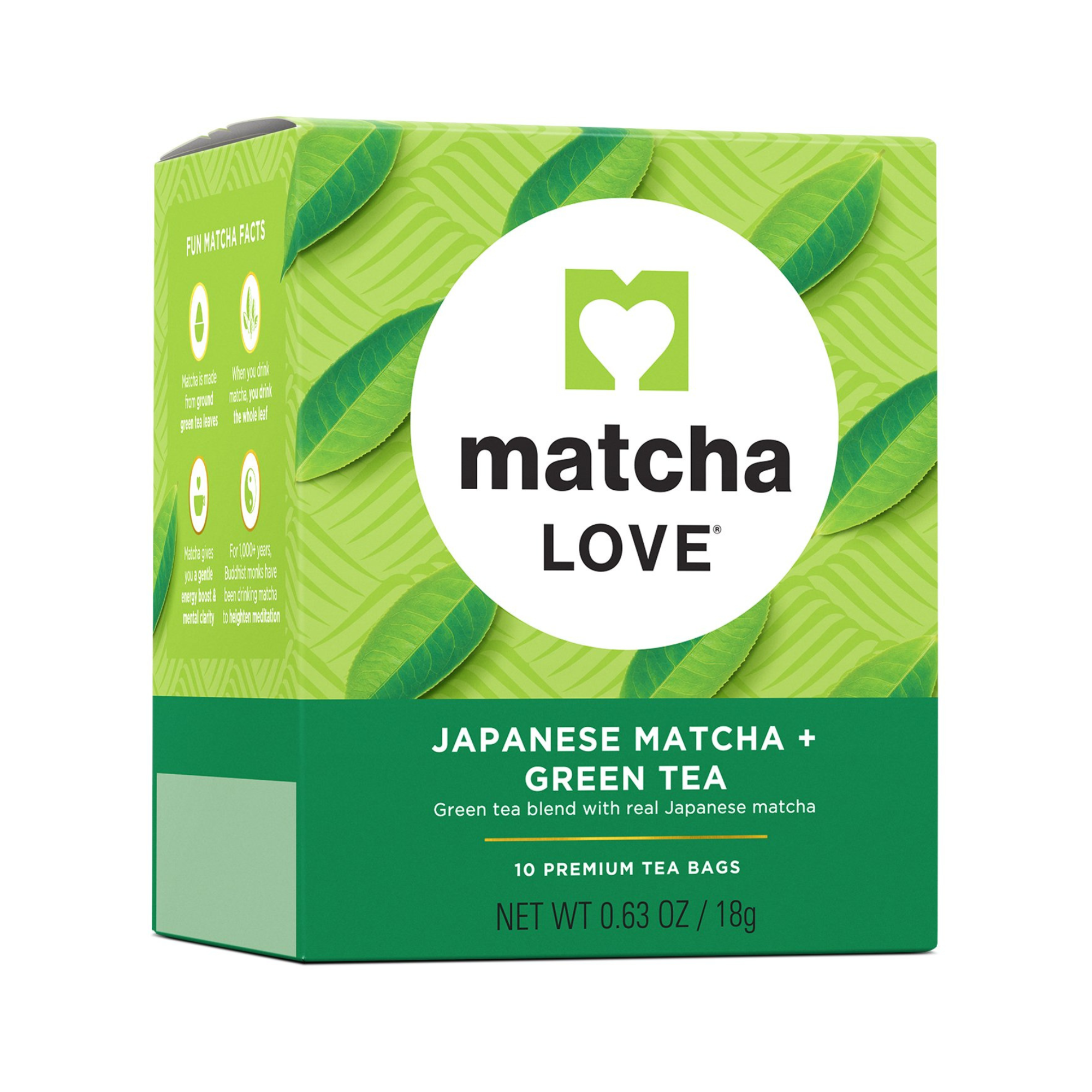 Green box labeled 'matcha LOVE Japanese Matcha + Green Tea'.