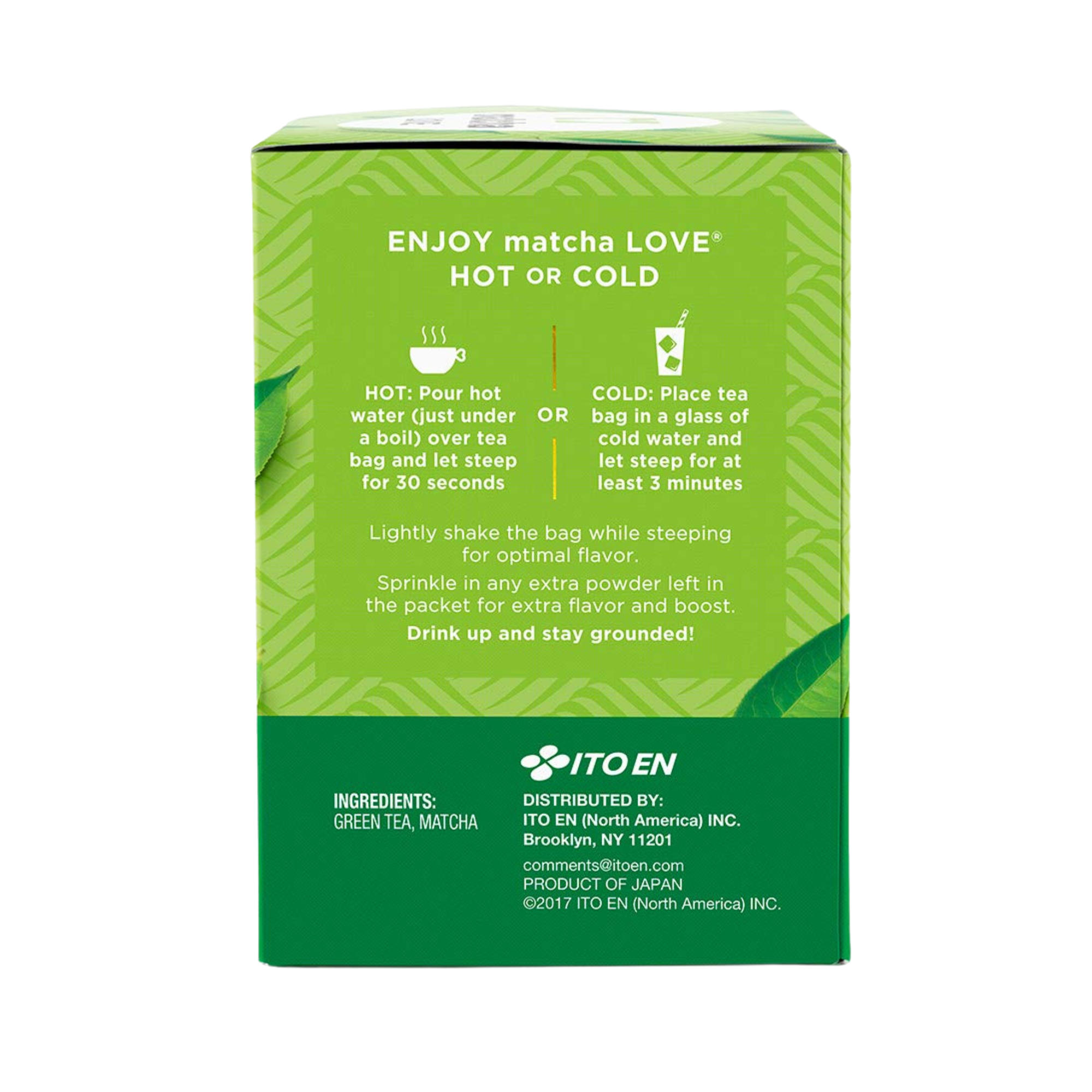 Instructions and ingredients for hot or cold matcha tea on green box.
