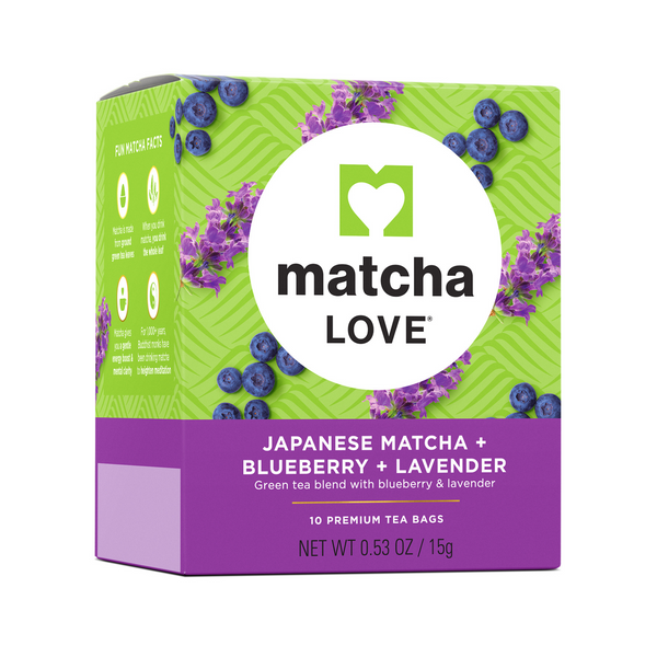 Box labeled 'matcha LOVE Japanese Matcha + Blueberry + Lavender'.