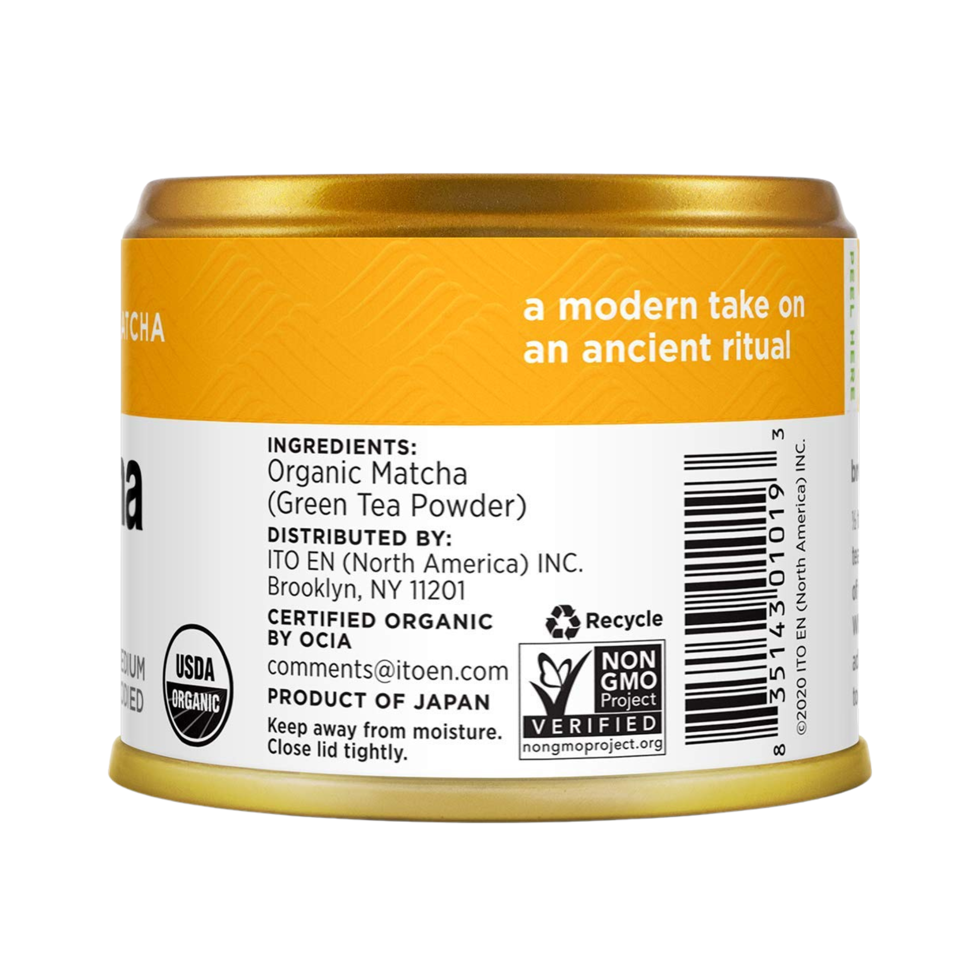 Tin of organic matcha powder with labels and a modern take on an ancient ritual.