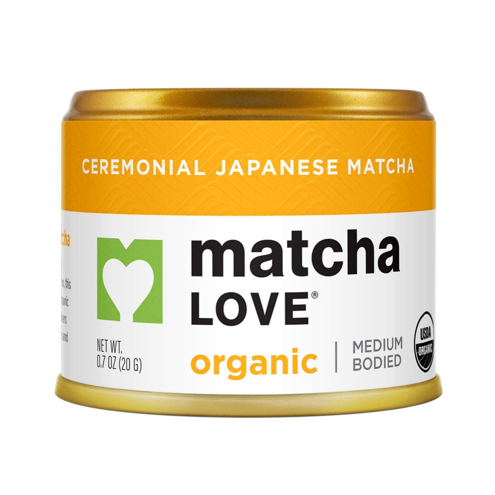 Front of a matcha tin labeled 'matcha LOVE organic ceremonial Japanese matcha, medium bodied.'