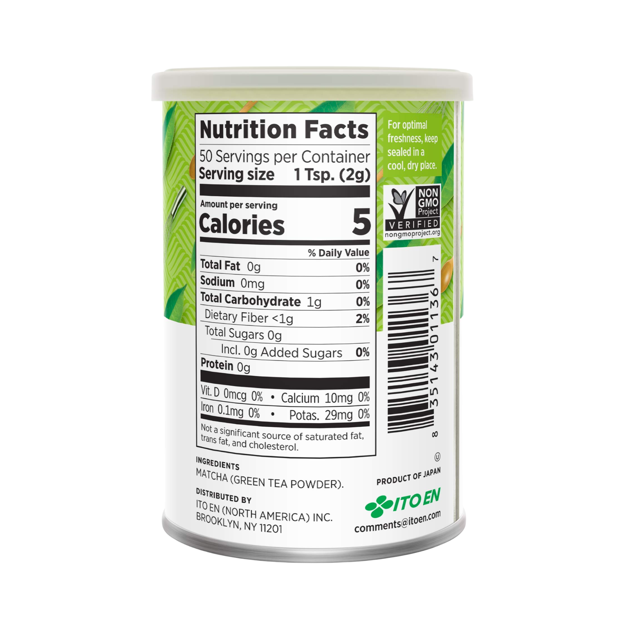 Matcha canister with nutrition facts: 5 calories per serving, matcha as ingredient.