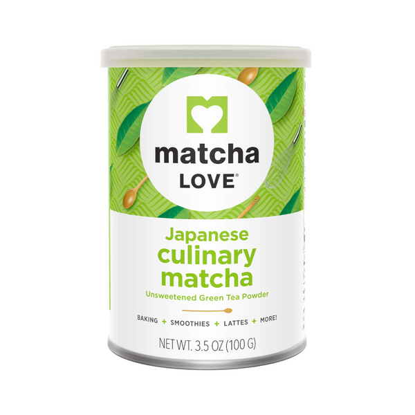 Green canister labeled 'Japanese culinary matcha, unsweetened green tea powder'.
