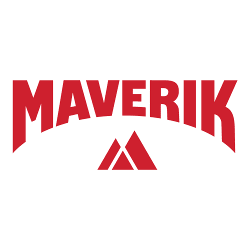 MAVERIK in red, stylized mountains below.