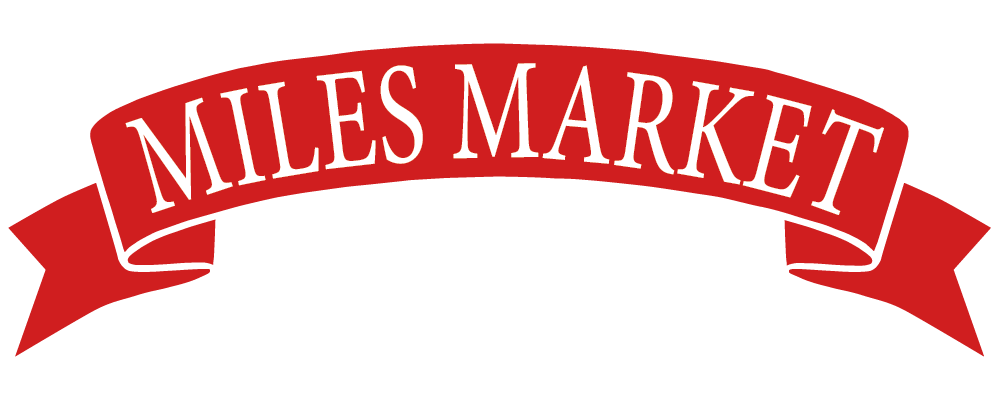 Red banner with white 'Miles Market' text on a transparent background.