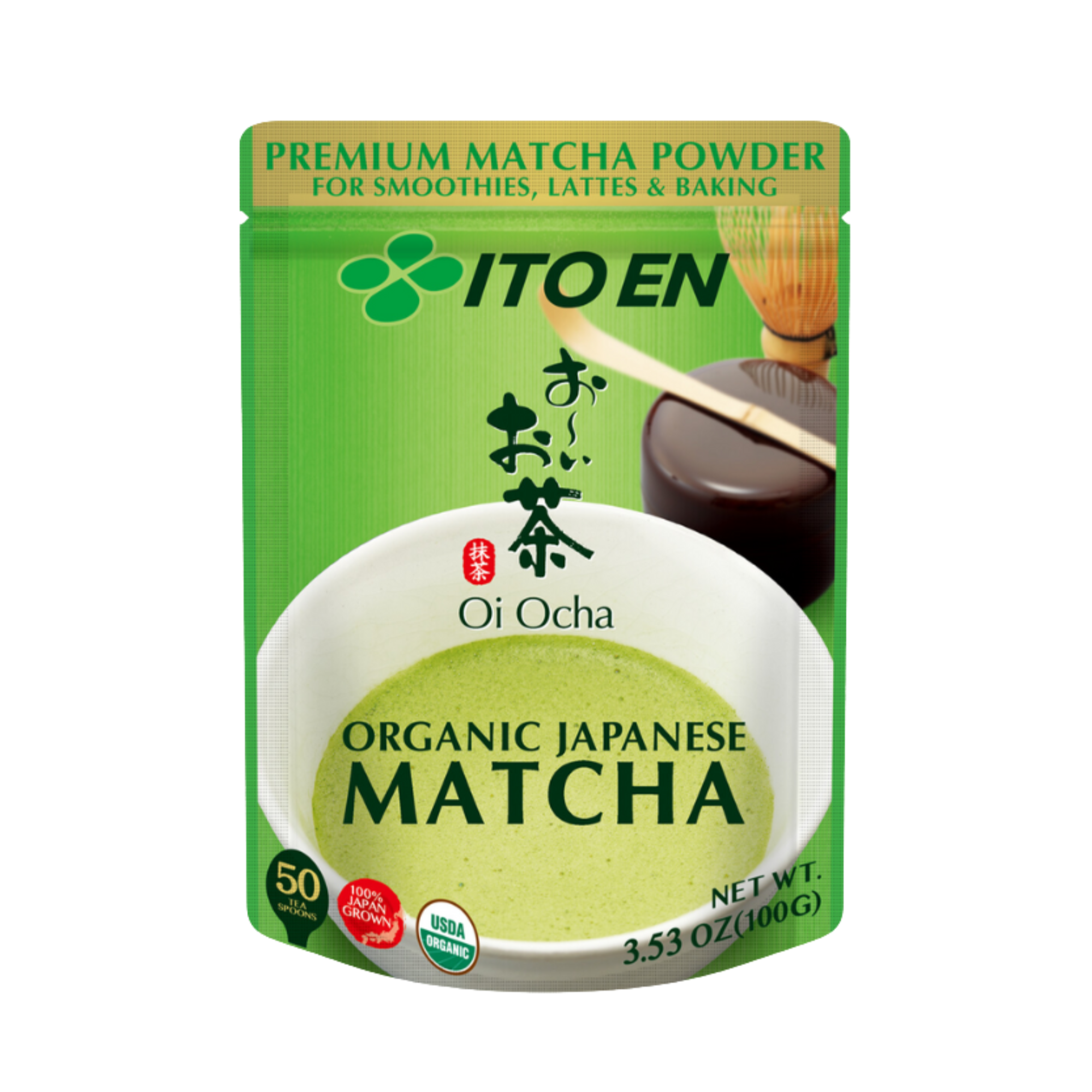 Organic Japanese matcha pack with green and white colors, labeled premium matcha powder, 100g.