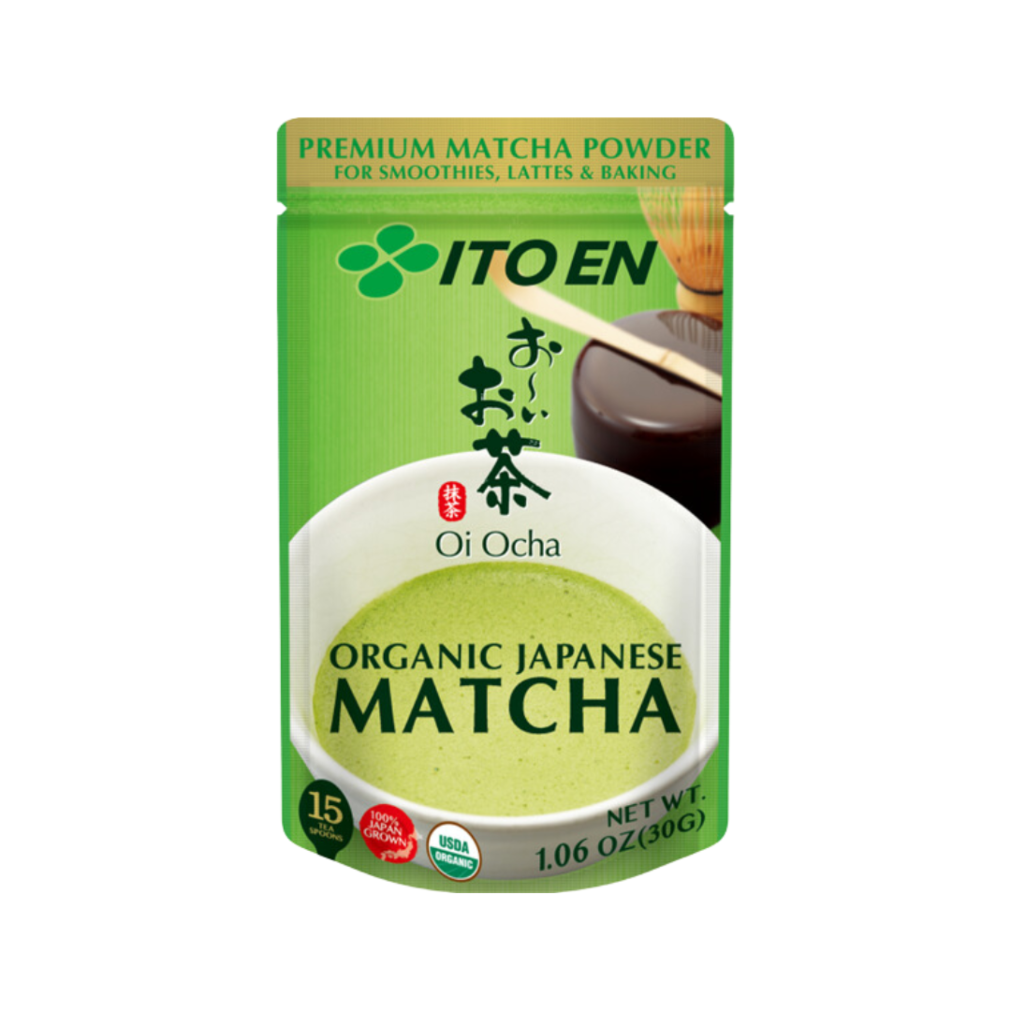 Green and white matcha pack labeled organic Japanese matcha, 1.06 oz, with green powder visual.