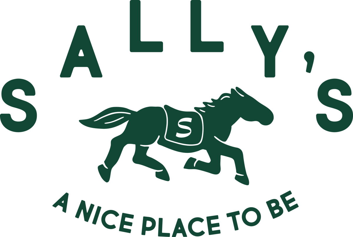 Dark green horse with text: SALLY'S. A NICE PLACE TO BE.