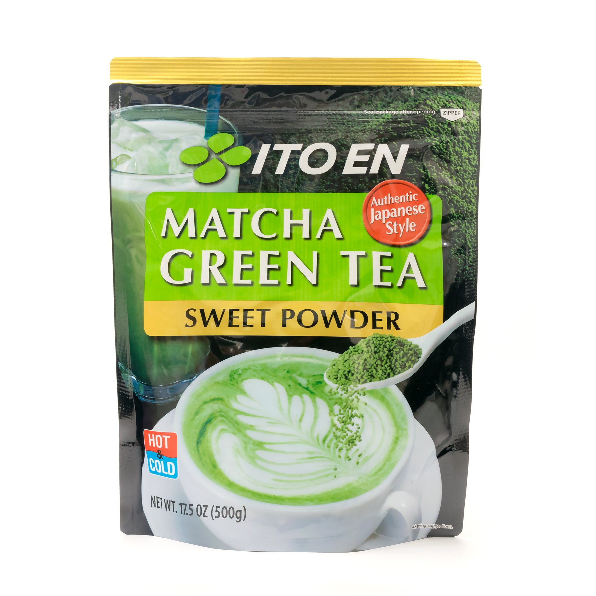 Front of matcha green tea sweet powder bag with a swirl design and labeled 'hot or cold.'